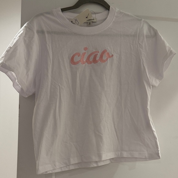 Francesca's Collections White Tee with Pink Embroidery - Picture 1 of 5